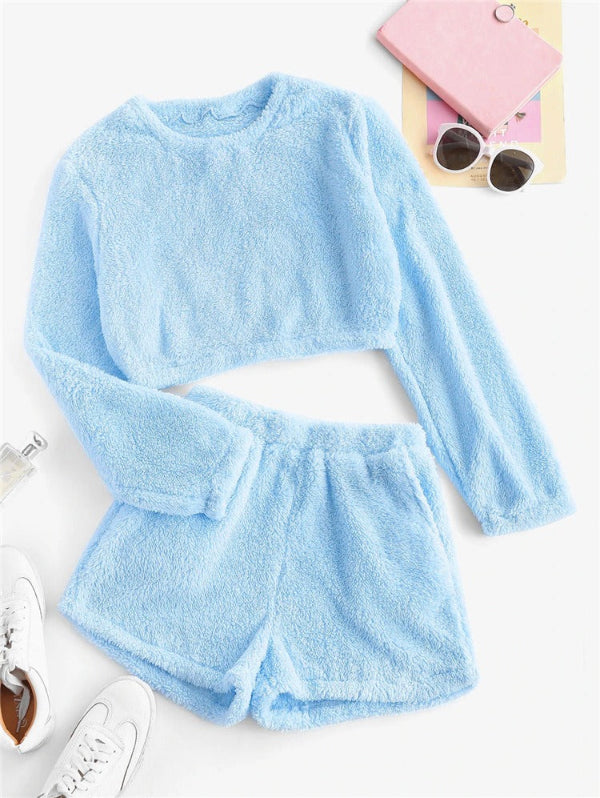 Ensemble loungewear femme – Haut court manches longues – Short taille haute doux