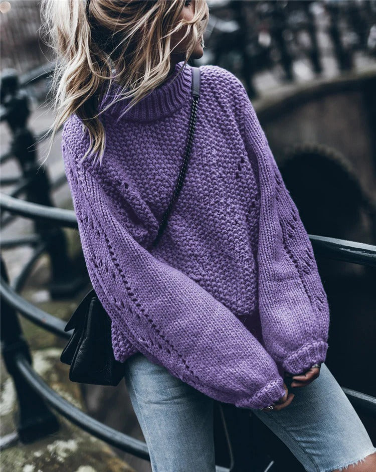 Pull femme – Maille épaisse – Coupe oversize – Col roulé – Manches ajourées