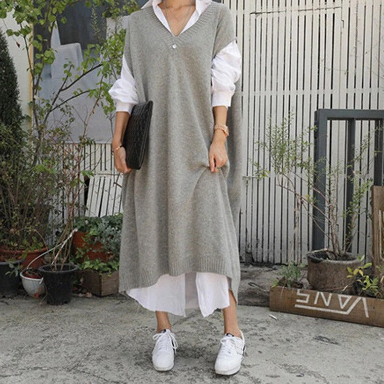 Robe Pull Femme – Coupe Décontractée – Maille Moyenne – Col V – Longueur Midi
