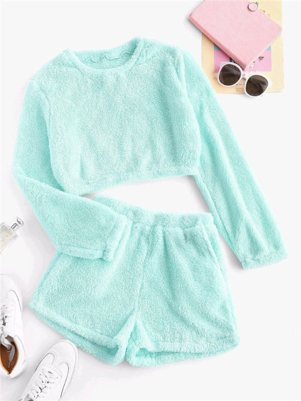 Ensemble loungewear femme – Haut court manches longues – Short taille haute doux