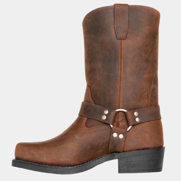 Bottes mi-mollet femme – Cuir lisse – Design harnais – Boucle métallique – Clous décoratifs