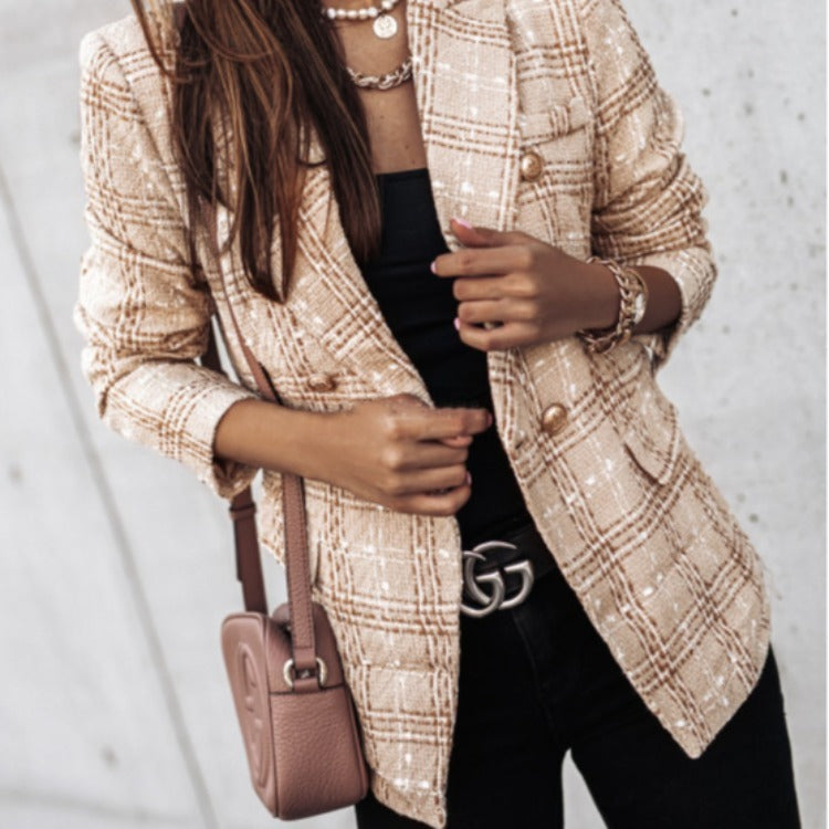 Blazer femme – Coupe cintrée – Double boutonnage – Tissu texturé imprimé – Épaules structurées