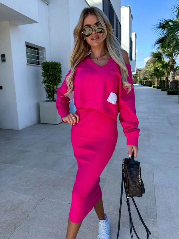Robe Sweat Femme – Coupe Slim – Coton Doux – Col V – Longueur Midi – Ensemble Coordonné
