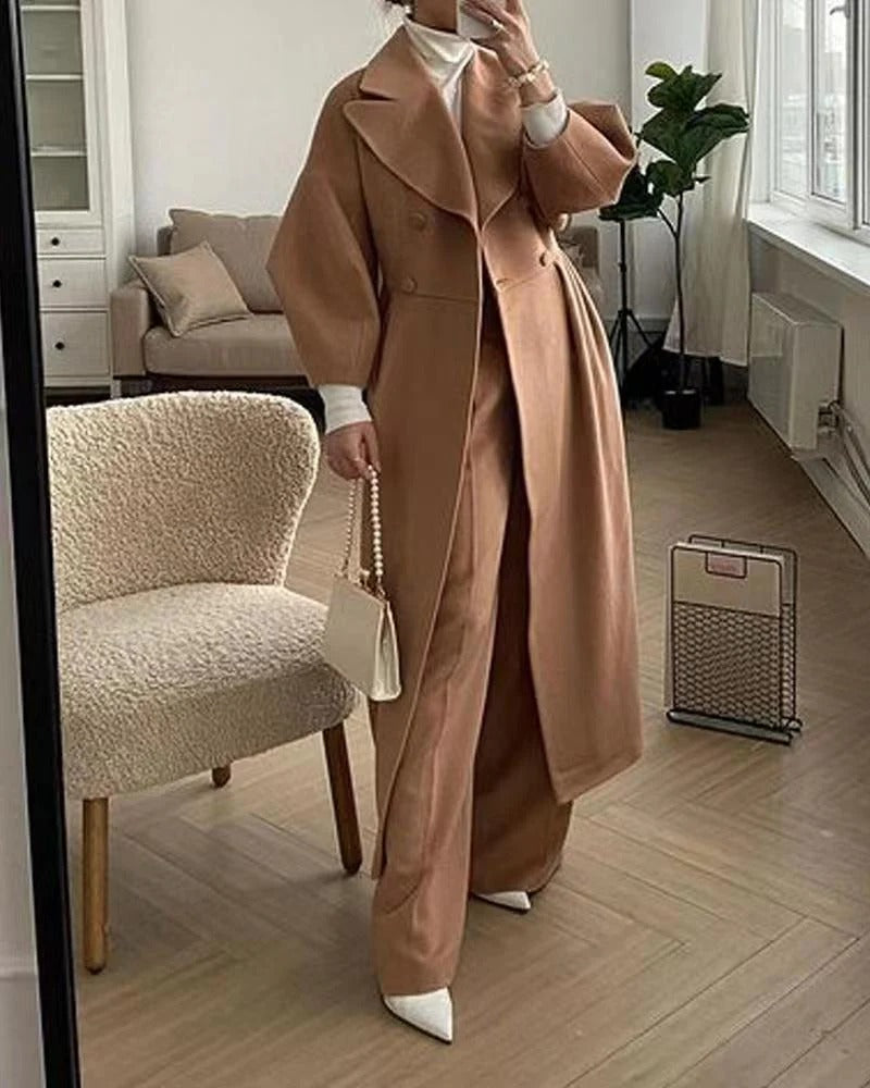 Manteau trench femme – Coupe évasée – Long – Laine – Double boutonnage avec ceinture