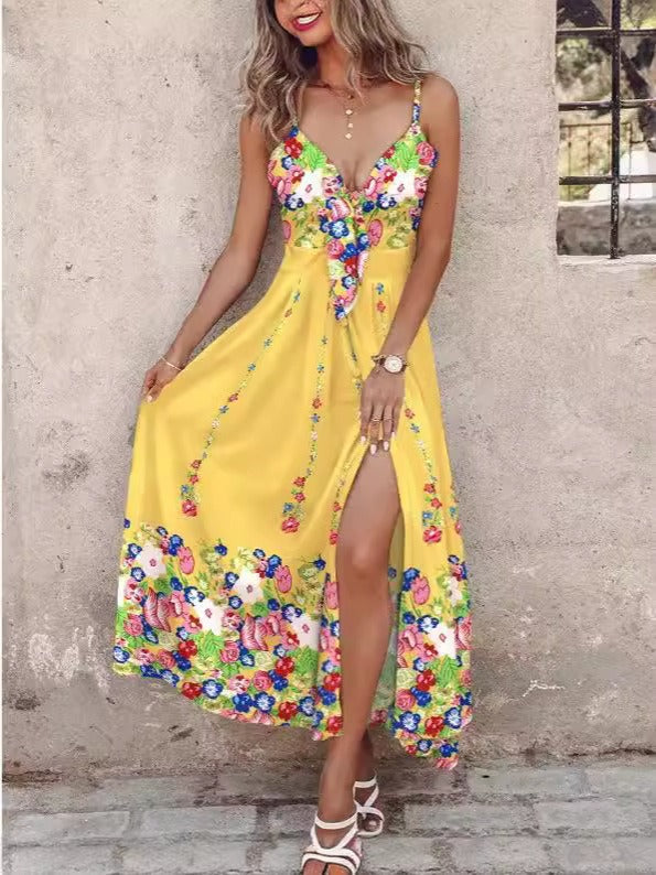 Robe longue femme – Coupe évasée – Bretelles fines – Décolleté en V – Imprimé fleuri – Fente devant