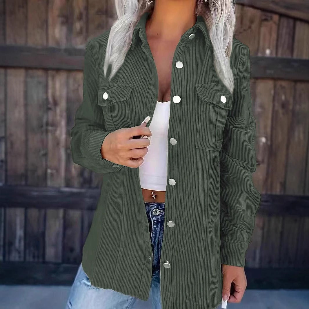Veste chemise femme – Coupe décontractée – Côtelée – Boutonnage frontal – Poches poitrine