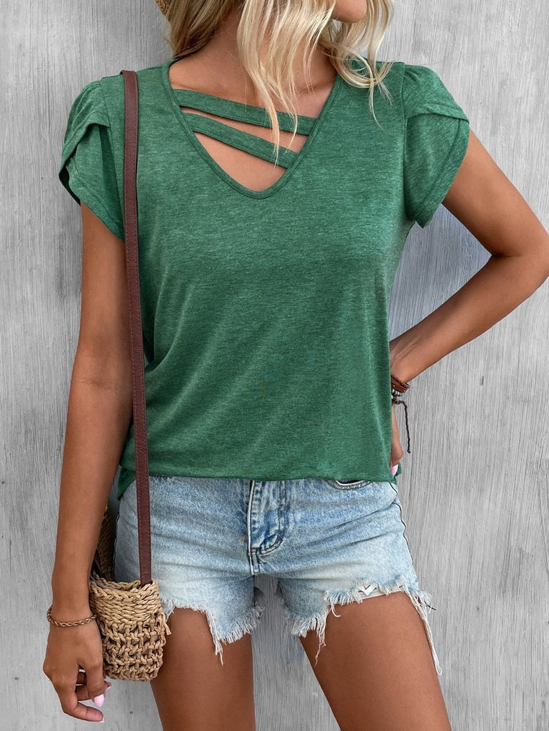 T-shirt femme col V – Maille douce – Coupe décontractée – Manches courtes – Détail croisé