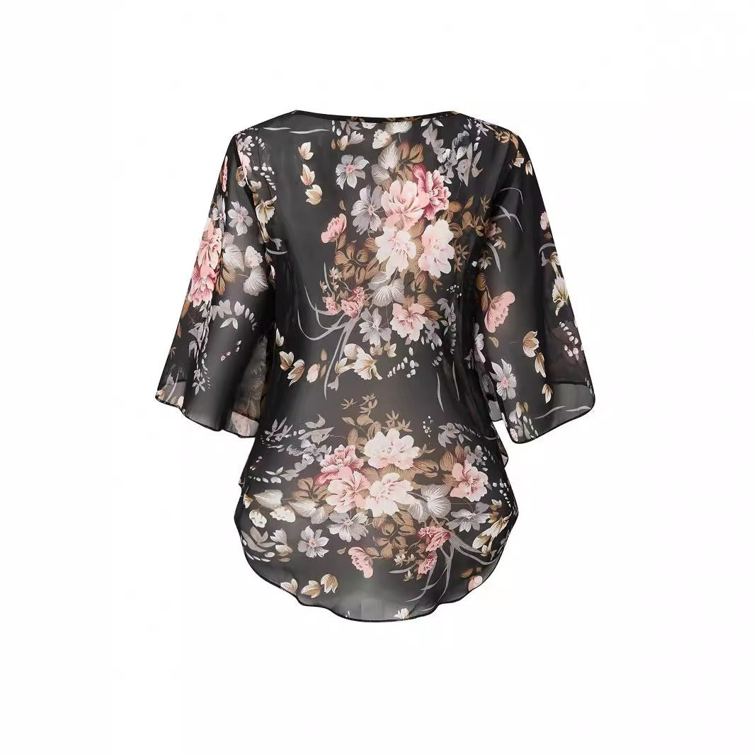 Blouse femme – Chiffon léger – Coupe décontractée – Imprimé floral – Manches fluides