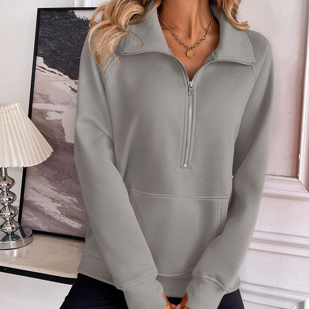 Sweatshirt femme – Coupe décontractée – Coton doux – Demi-zip col montant – Poche kangourou
