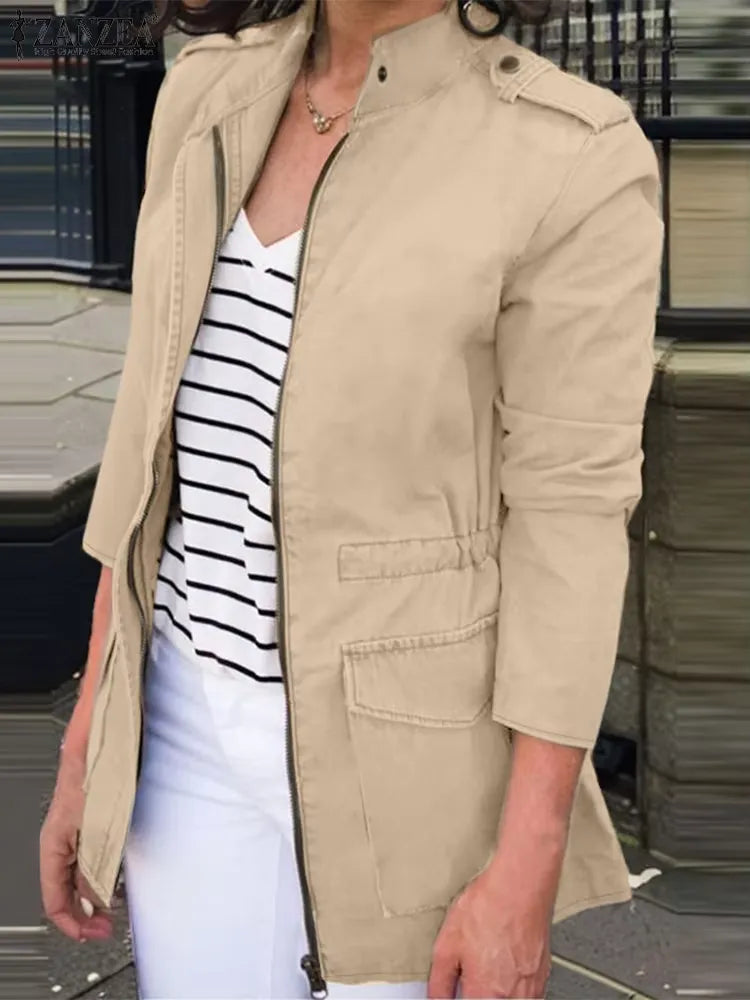 Veste cargo femme – Coupe décontractée – Coton – Col montant – Poches à rabat – Zip frontal
