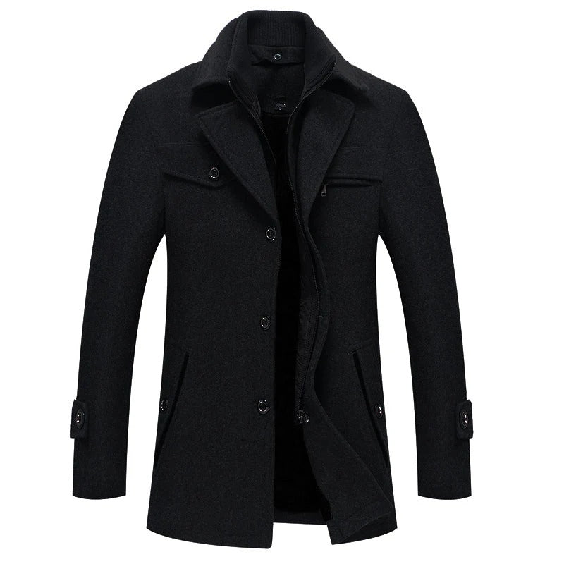 Manteau homme – Coupe ajustée – Laine – Col montant – Fermeture zippée et boutons