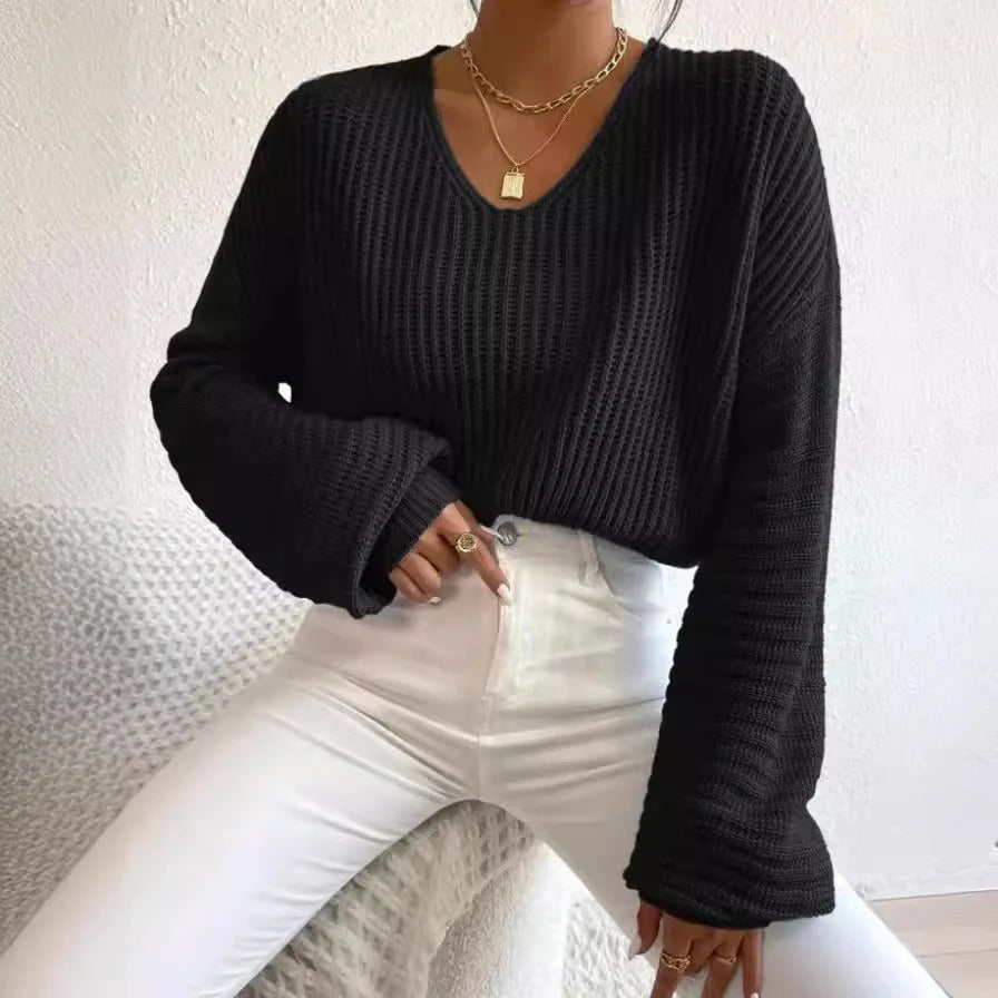 Pull femme – Coupe décontractée – Maille côtelée – Col en V – Manches longues
