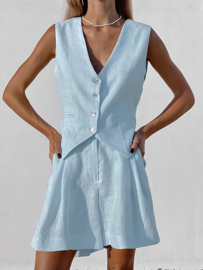 Blazer sans manches femme – Linnen – Coupe ample – Col tailleur – Boutons devant