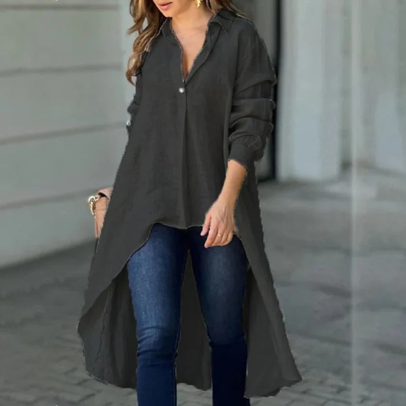 Blouse femme – Coupe ample – Manches longues – Ourlet asymétrique – Tissu coton