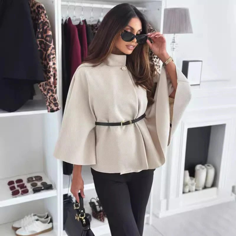 Blouse femme – Style poncho – Taille ceinturée – Col montant – Coupe fluide élégante