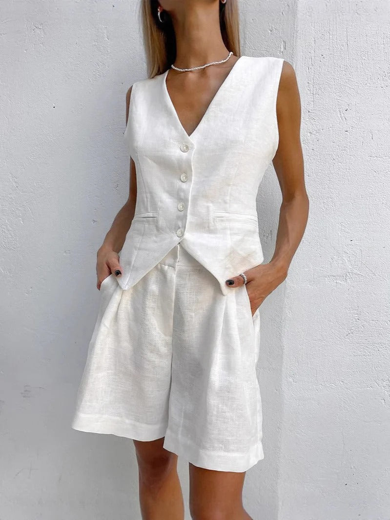 Blazer sans manches femme – Linnen – Coupe ample – Col tailleur – Boutons devant