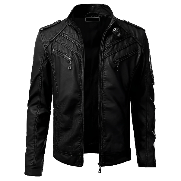 Blouson homme – Cuir lisse – Coupe ajustée – Col montant – Poches zippées