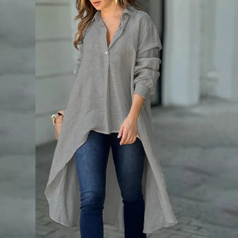 Blouse femme – Coupe ample – Manches longues – Ourlet asymétrique – Tissu coton