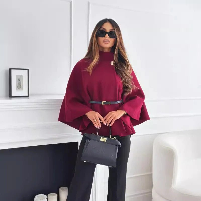 Blouse femme – Style poncho – Taille ceinturée – Col montant – Coupe fluide élégante