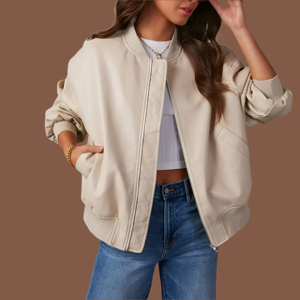 Veste femme décontractée – Coupe oversize – Tissu léger – Zip frontal – Finitions côtelées
