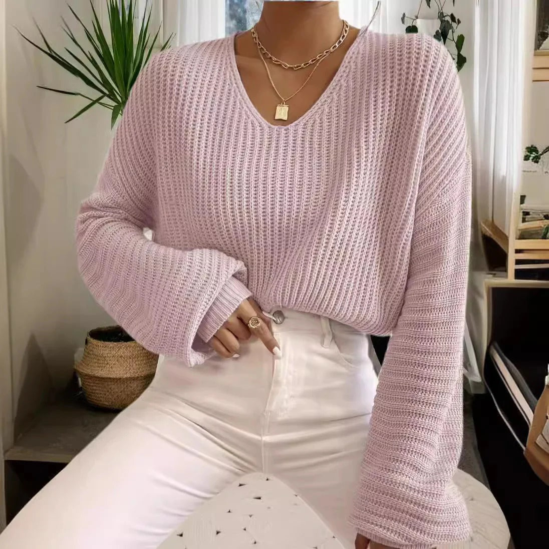 Pull femme – Coupe décontractée – Maille côtelée – Col en V – Manches longues