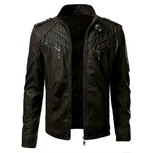 Blouson homme – Cuir lisse – Coupe ajustée – Col montant – Poches zippées