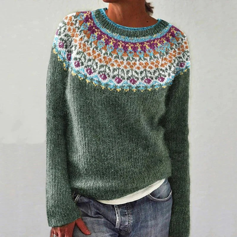 Pull femme – Coupe décontractée – Maille laine – Motif jardin – Col rond – Manches longues