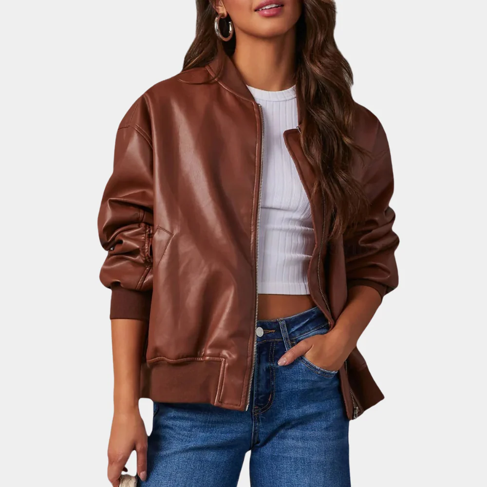 Veste femme décontractée – Coupe oversize – Tissu léger – Zip frontal – Finitions côtelées