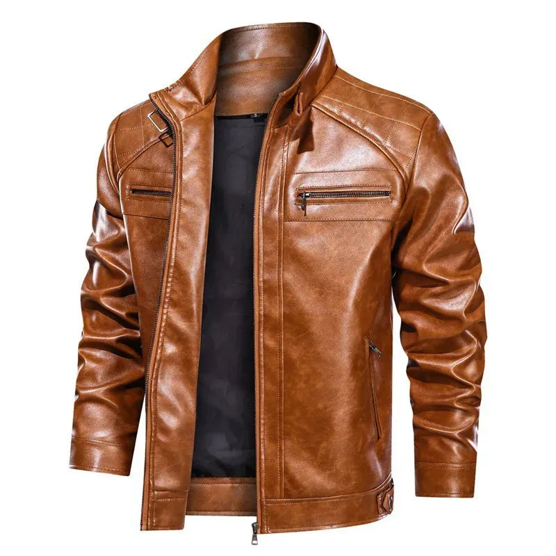 Veste biker homme – Coupe slim – Épaules matelassées – Col montant – Finition cuir