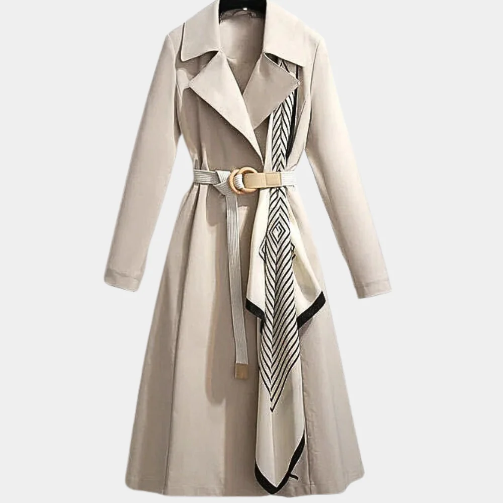 Manteau trench femme – Coupe cintrée – Ceinture à boucle – Détail drapé rayé