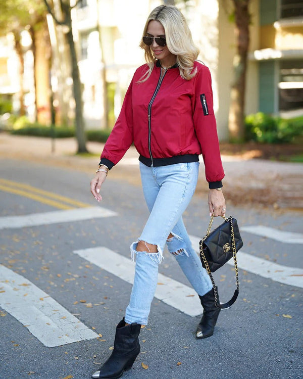 Veste bomber femme – Coupe décontractée – Finition côtelée – Fermeture zippée