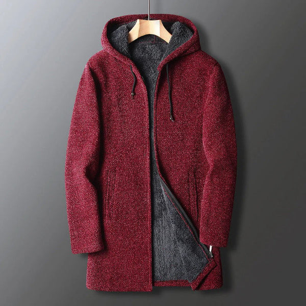 Veste à capuche homme – Coupe décontractée – Tissu chaud effet laine – Longue zippée
