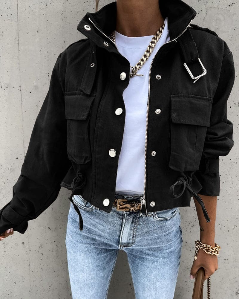 Veste femme courte – Coupe décontractée – Style utilitaire – Taille ajustable