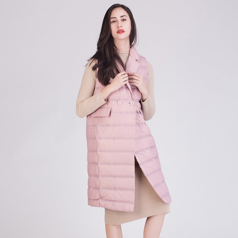 Gilet femme long – Coupe slim – Matelassé duvet – Sans manches à col revers