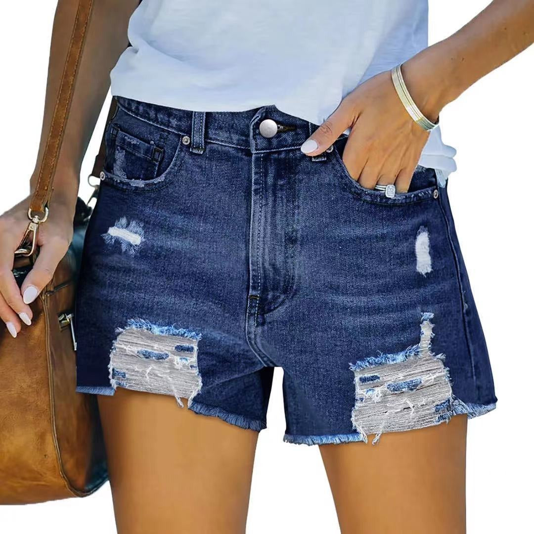 Short en jean femme – Taille haute – Coupe slim – Effet usé – Ourlet effiloché