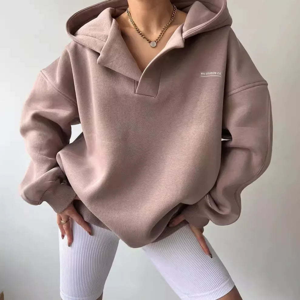 Sweat à capuche femme – Coupe oversize – Doublure chaude – Col V – Poignets côtelés