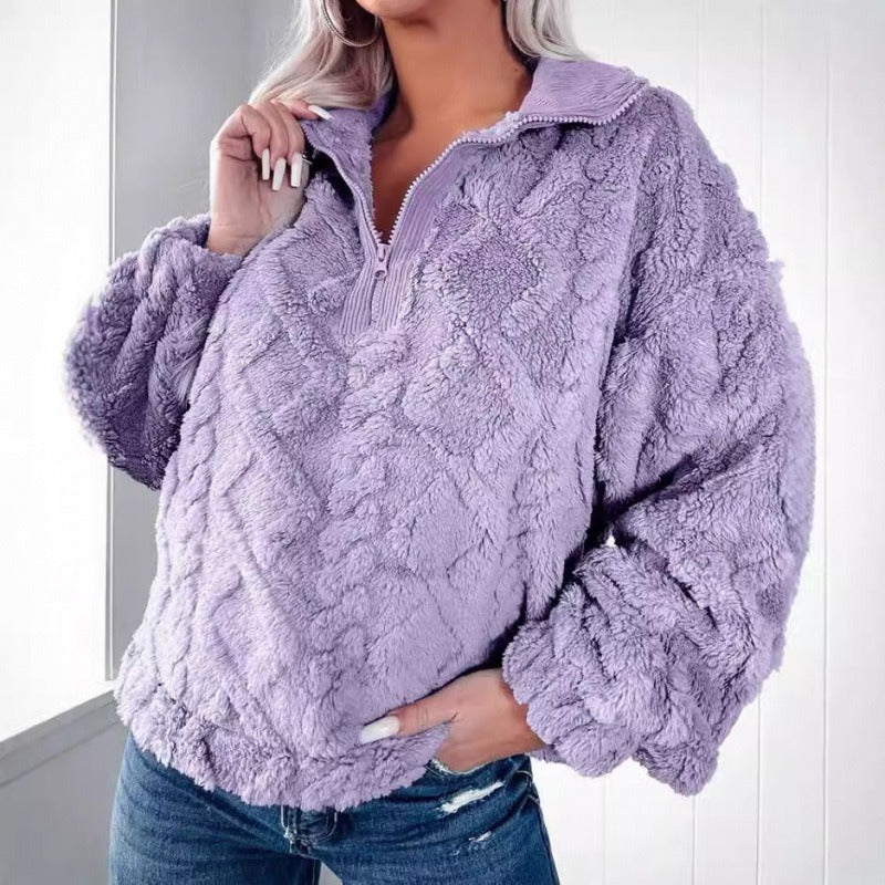 Sweat-shirt femme – coupe oversize – polaire duveteuse – demi-zip col montant
