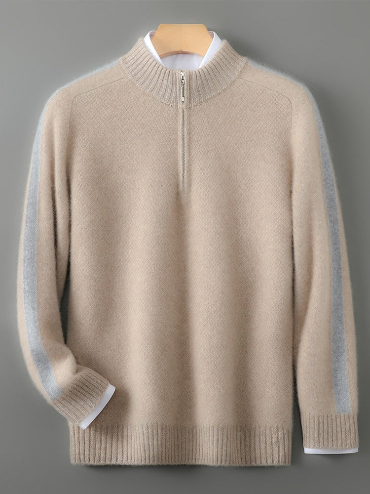 Sweat-shirt homme – Laine – Coupe classique – Demi-zip – Col et poignets côtelés