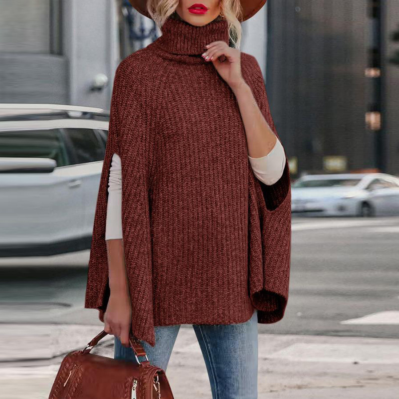 Cape en maille femme – Coupe ample – Col montant – Fentes bras – Toucher laine