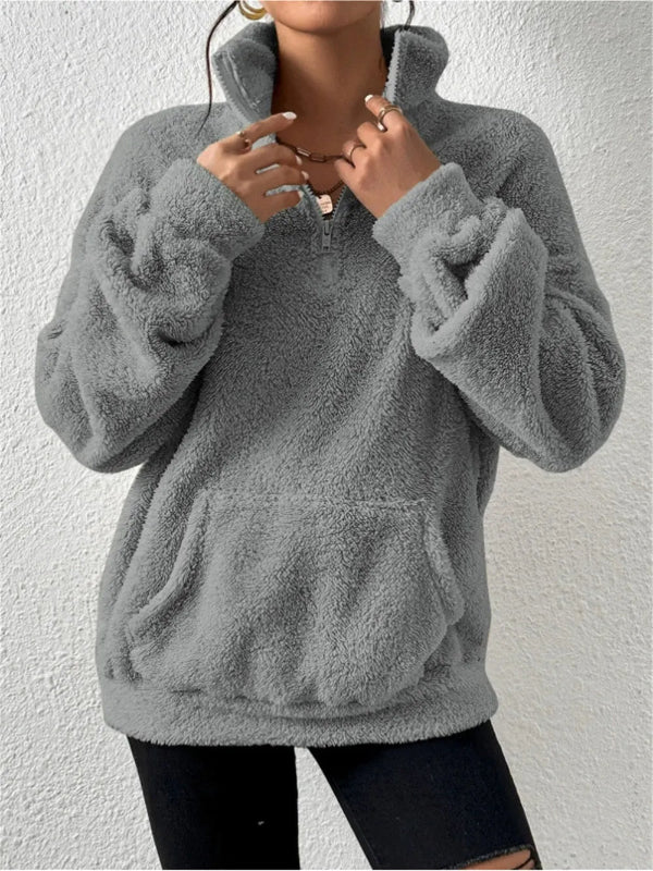 Sweat-shirt femme en polaire – Coupe décontractée – Col montant – Zip – Poche kangourou