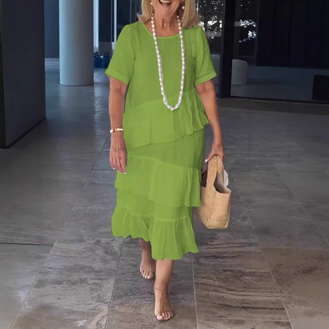 Robe longue femme – Coupe décontractée – Lin et coton – Manches courtes – Volants