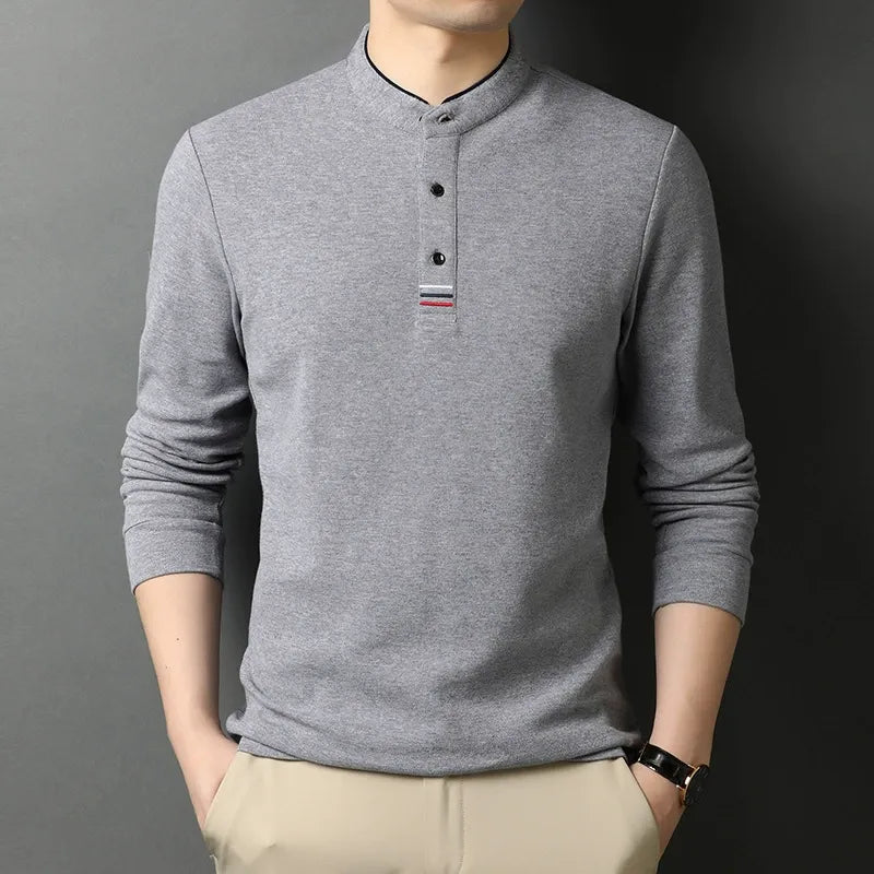 T-shirt manches longues homme – Coton – Coupe régulière – Col montant – Patte boutonnée