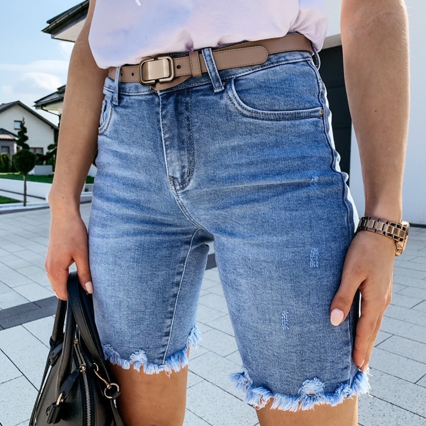 Short en jean femme – Coupe régulière – Taille mi-haute – Finition effilée tendance