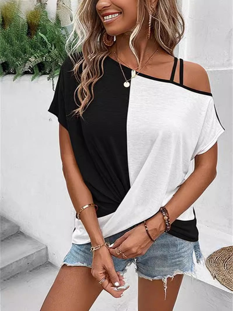 T-shirt femme – Coupe décontractée – Encolure asymétrique – Détail bretelle – Coton