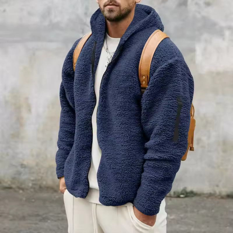 Manteau polaire homme – Coupe oversize – Capuche – Texture douce – Fermeture zippée