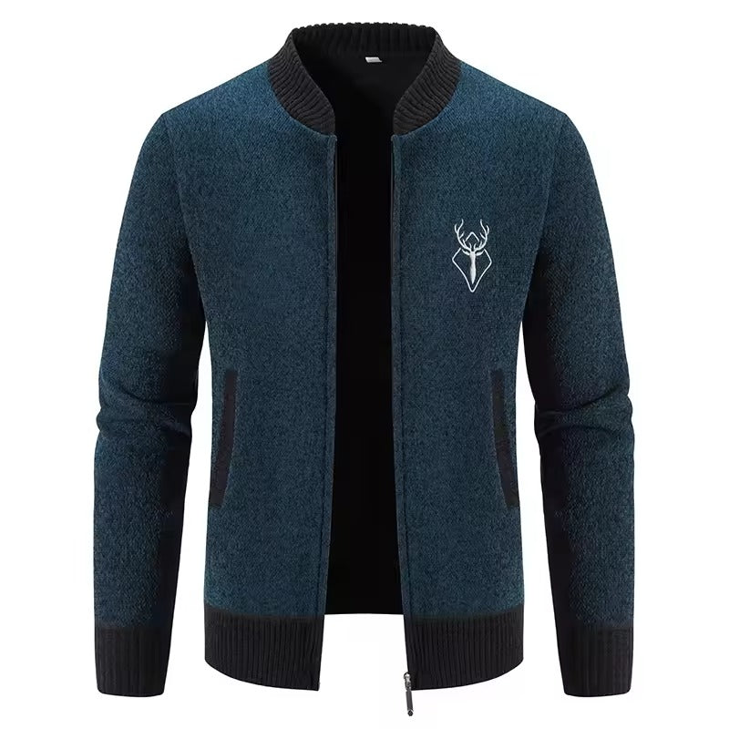 Sweatshirt zippé homme – Maille laine – Coupe casual – Motif brodé – Poches avant