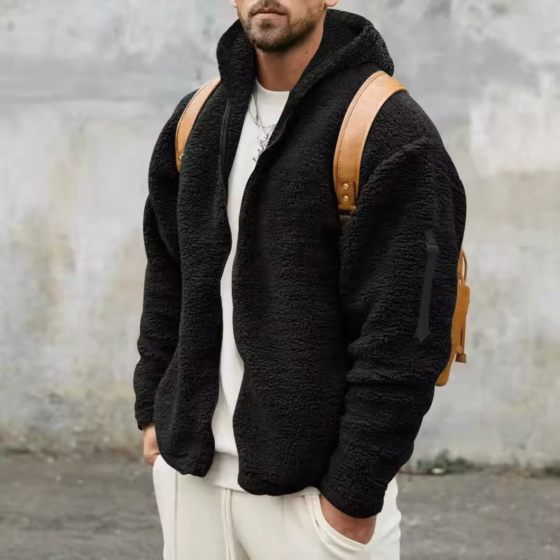 Manteau polaire homme – Coupe oversize – Capuche – Texture douce – Fermeture zippée