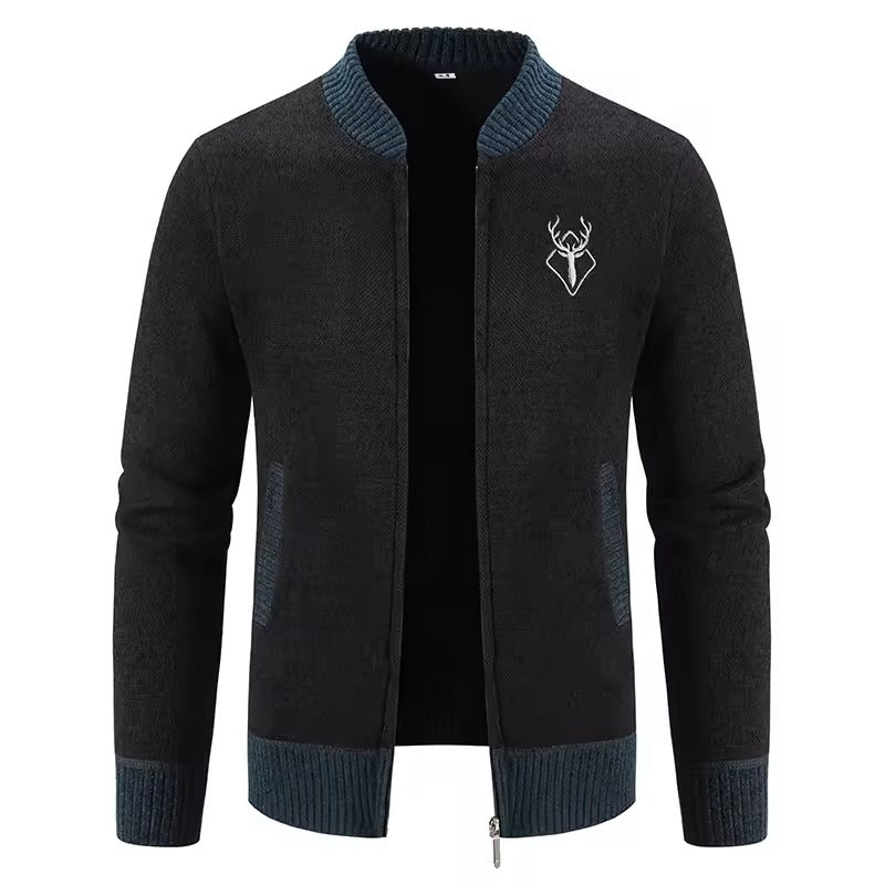 Sweatshirt zippé homme – Maille laine – Coupe casual – Motif brodé – Poches avant