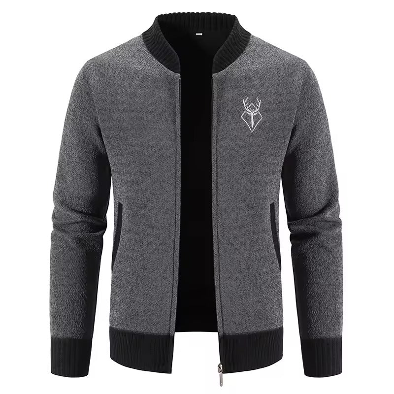 Sweatshirt zippé homme – Maille laine – Coupe casual – Motif brodé – Poches avant
