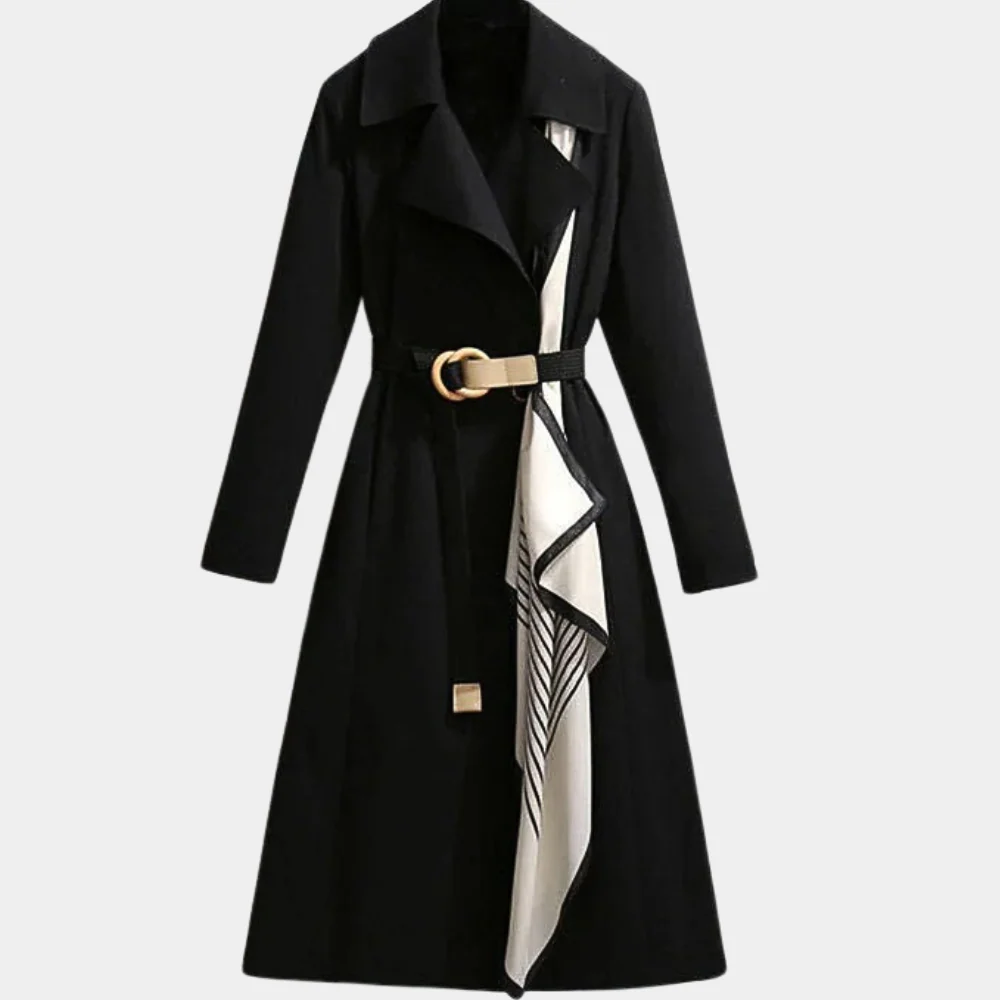 Manteau trench femme – Coupe cintrée – Ceinture à boucle – Détail drapé rayé